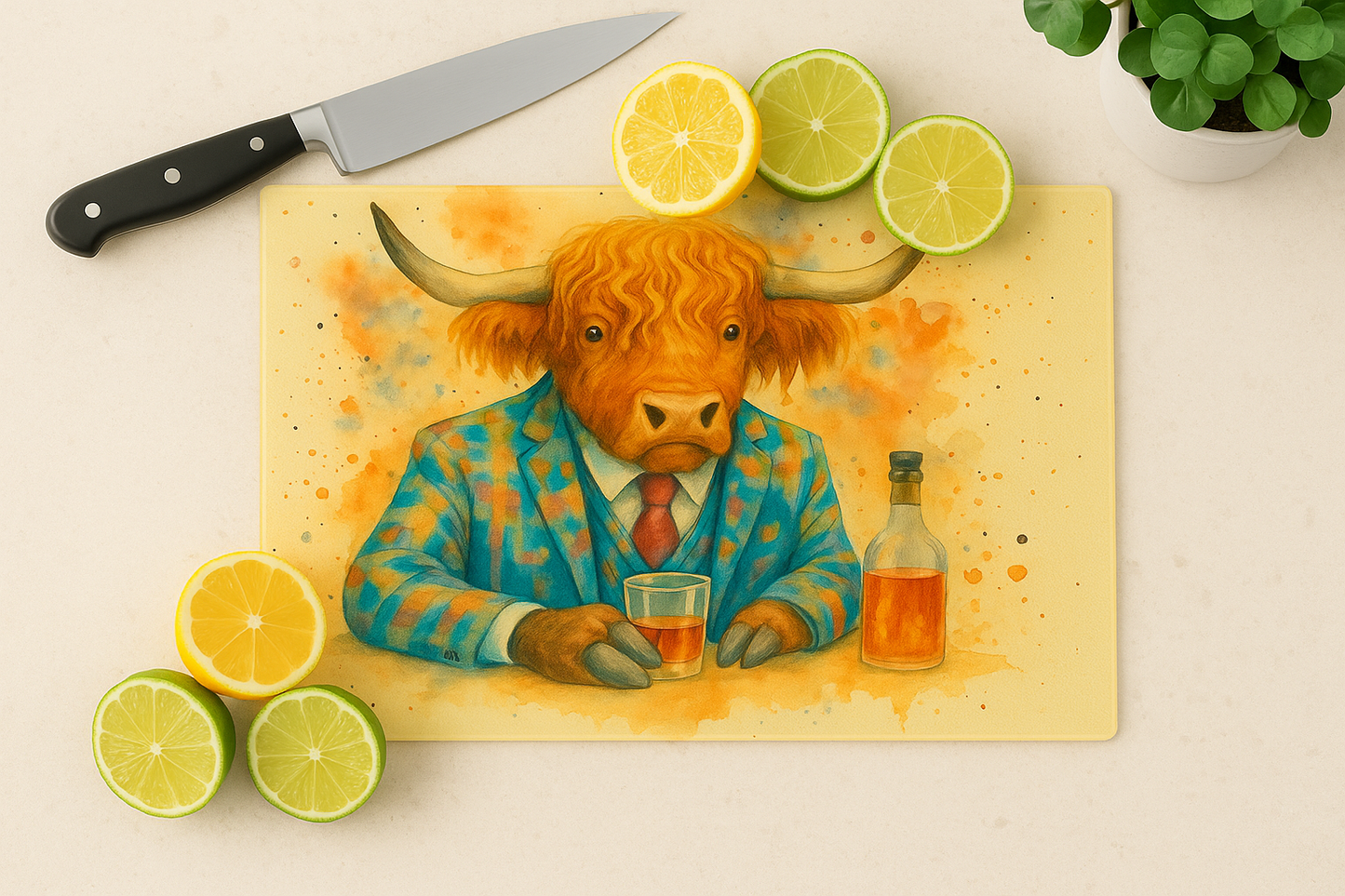 Highland Cow Glass Chopping Board – Watercolor Art with Whisky
