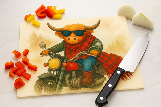 Highland Cow Motorcycle Glass Chopping Board – Quirky Scottish Kitchen Decor