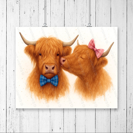 Kissing Highland Cows Art Print – Romantic Scottish Watercolour with Tartan Bows