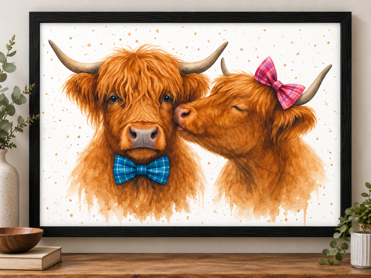 Kissing Highland Cows Art Print – Romantic Scottish Watercolour with Tartan Bows