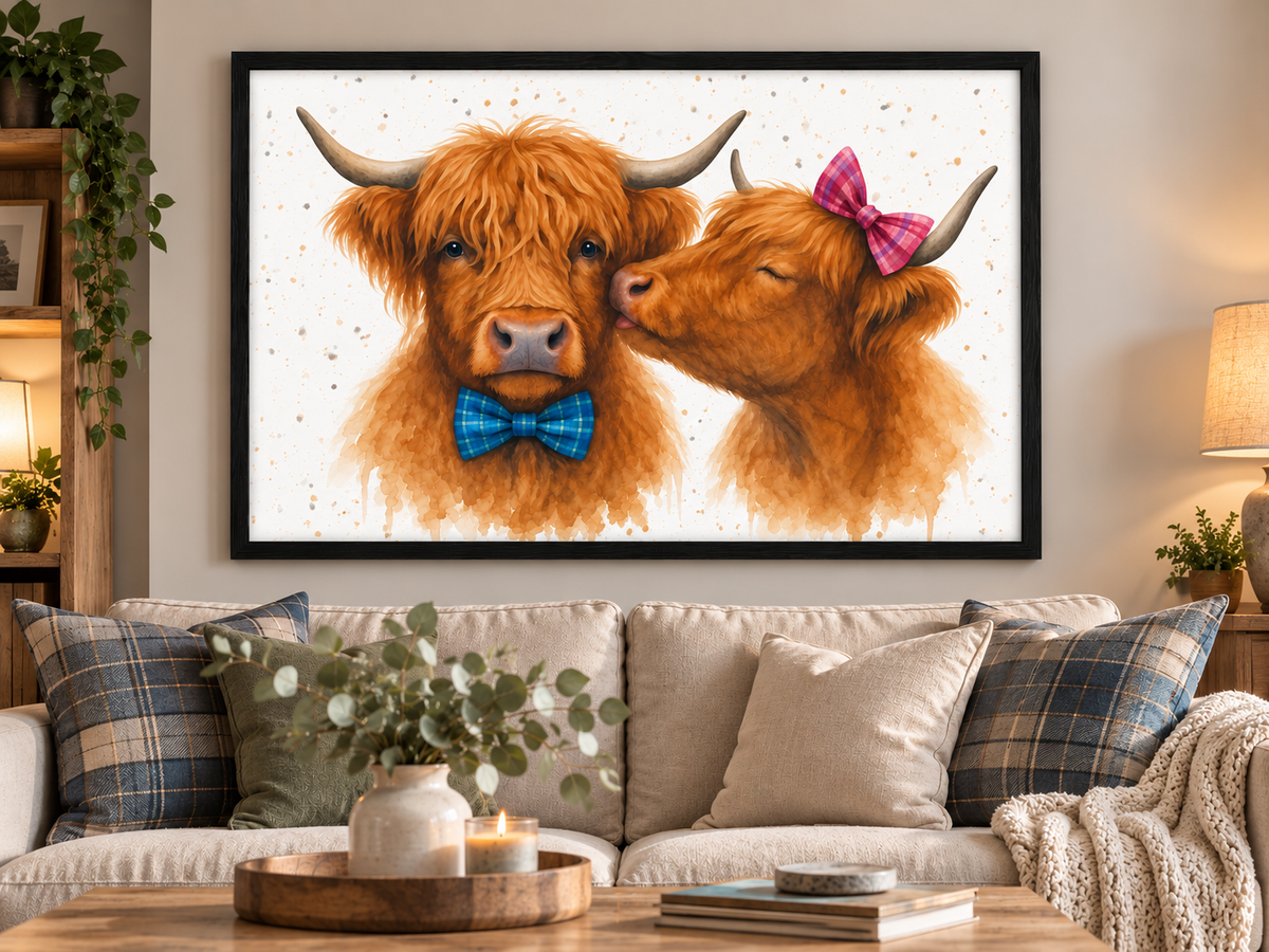 Kissing Highland Cows Art Print – Romantic Scottish Watercolour with Tartan Bows