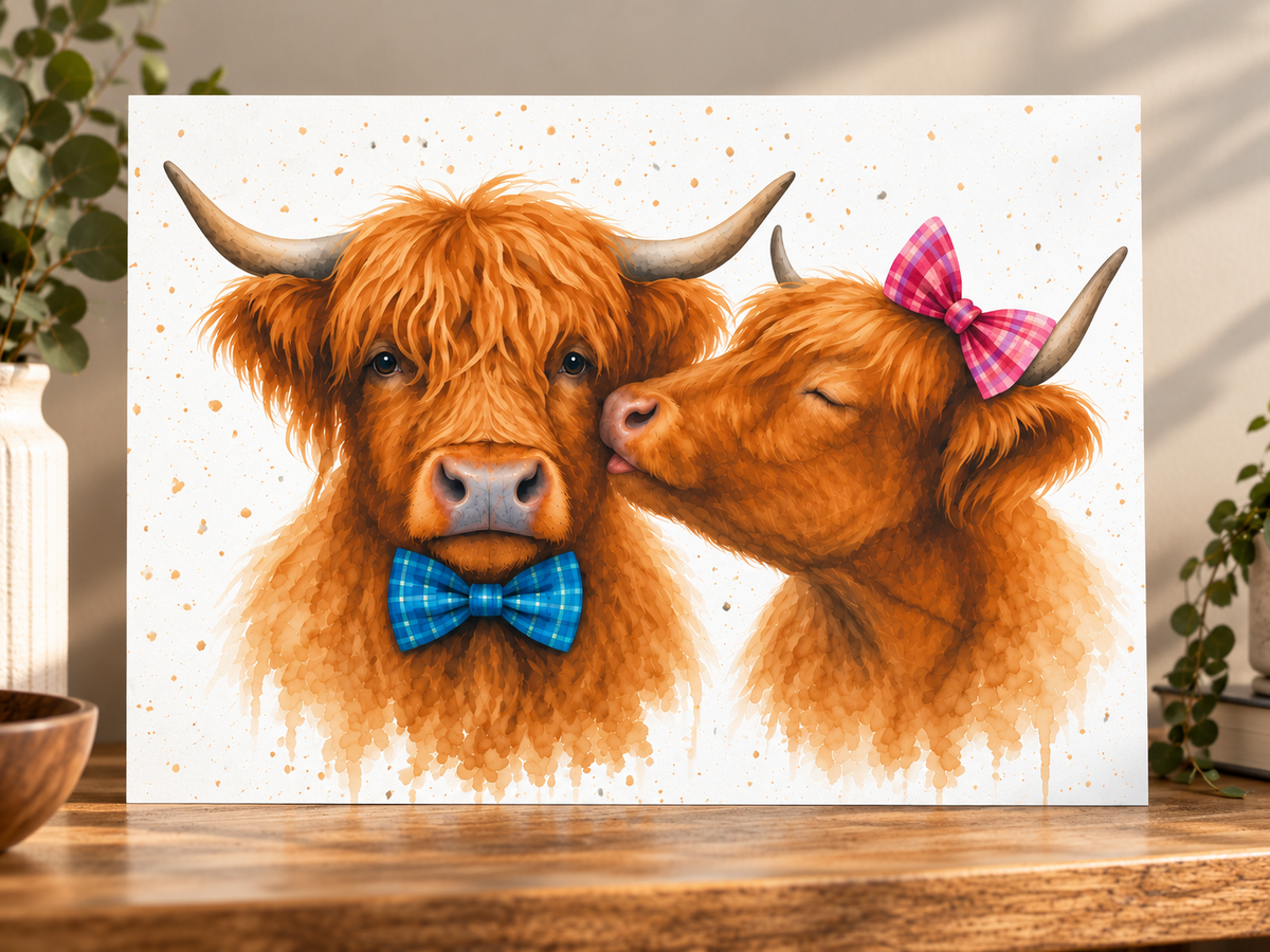 Kissing Highland Cows Art Print – Romantic Scottish Watercolour with Tartan Bows
