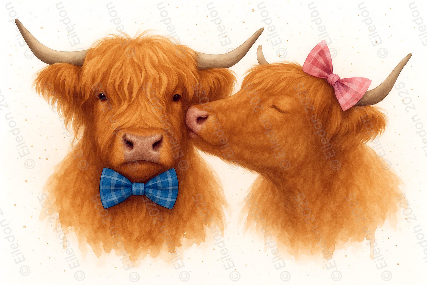 Kissing Highland Cows Art Print – Romantic Scottish Watercolour with Tartan Bows