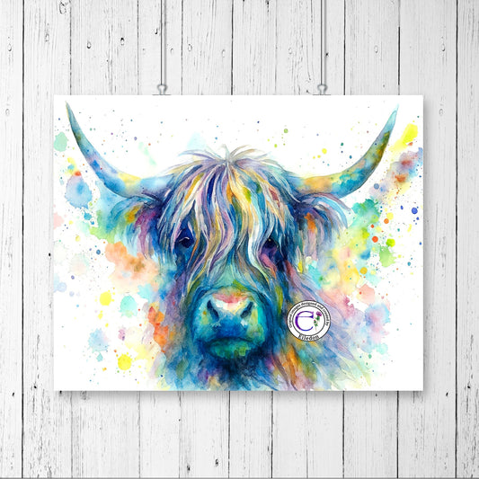 Rainbow Splash Highland Cow – Vibrant Watercolour Wall Art Print