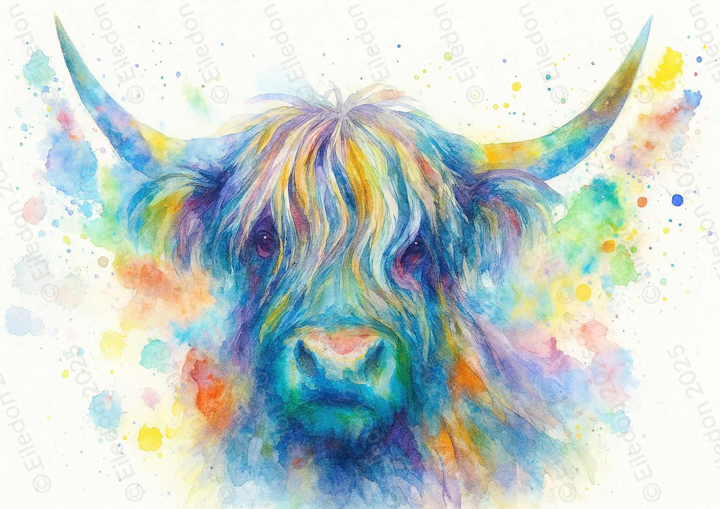 Rainbow Splash Highland Cow – Vibrant Watercolour Wall Art Print