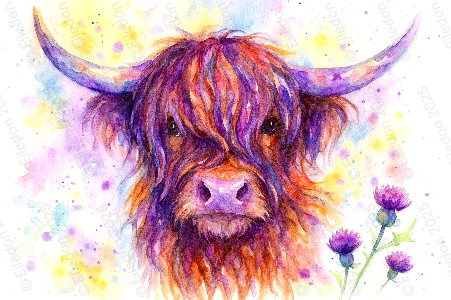 Highland Cow & Thistles Watercolor Wall Art Print – Vibrant Scottish Farmhouse Décor