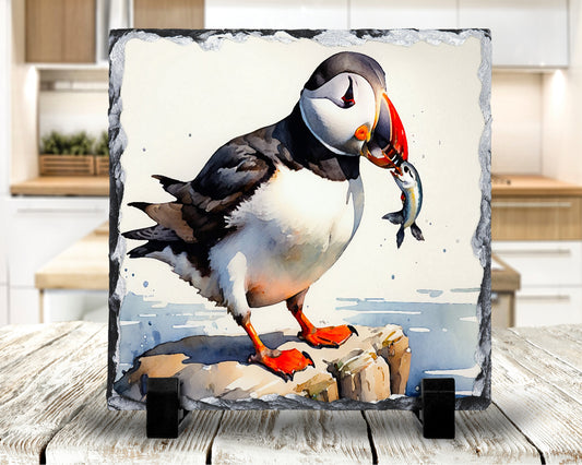 Colourful Puffins Decorative Rock Slate, Photo Slate, Pan Stand, Trivet, Made In Scotland