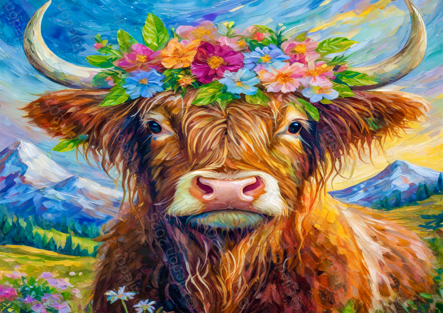 Highland Cow  with Flowers In Her Hair A3 Wall Art print