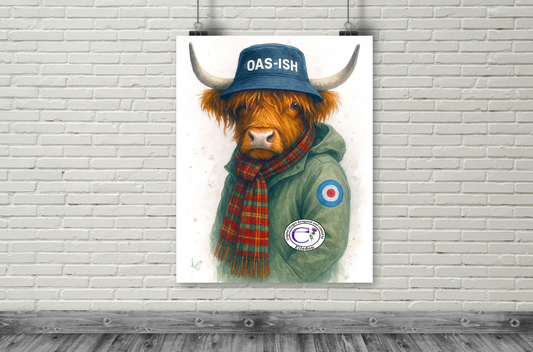 Oas-ish Highland Cow Watercolour Art Print – Oasis Music Inspired Mod Style-Limited Edition
