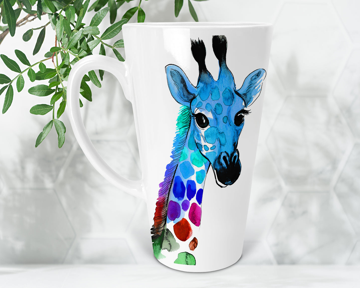 Brightly Coloured Giraffe Watercolour Ceramic 17oz Skinny  Latte Mug, Giraffe Latte Mug, Giraffe Lovers Mug, Giraffe Lovers Gift, Latte Cup