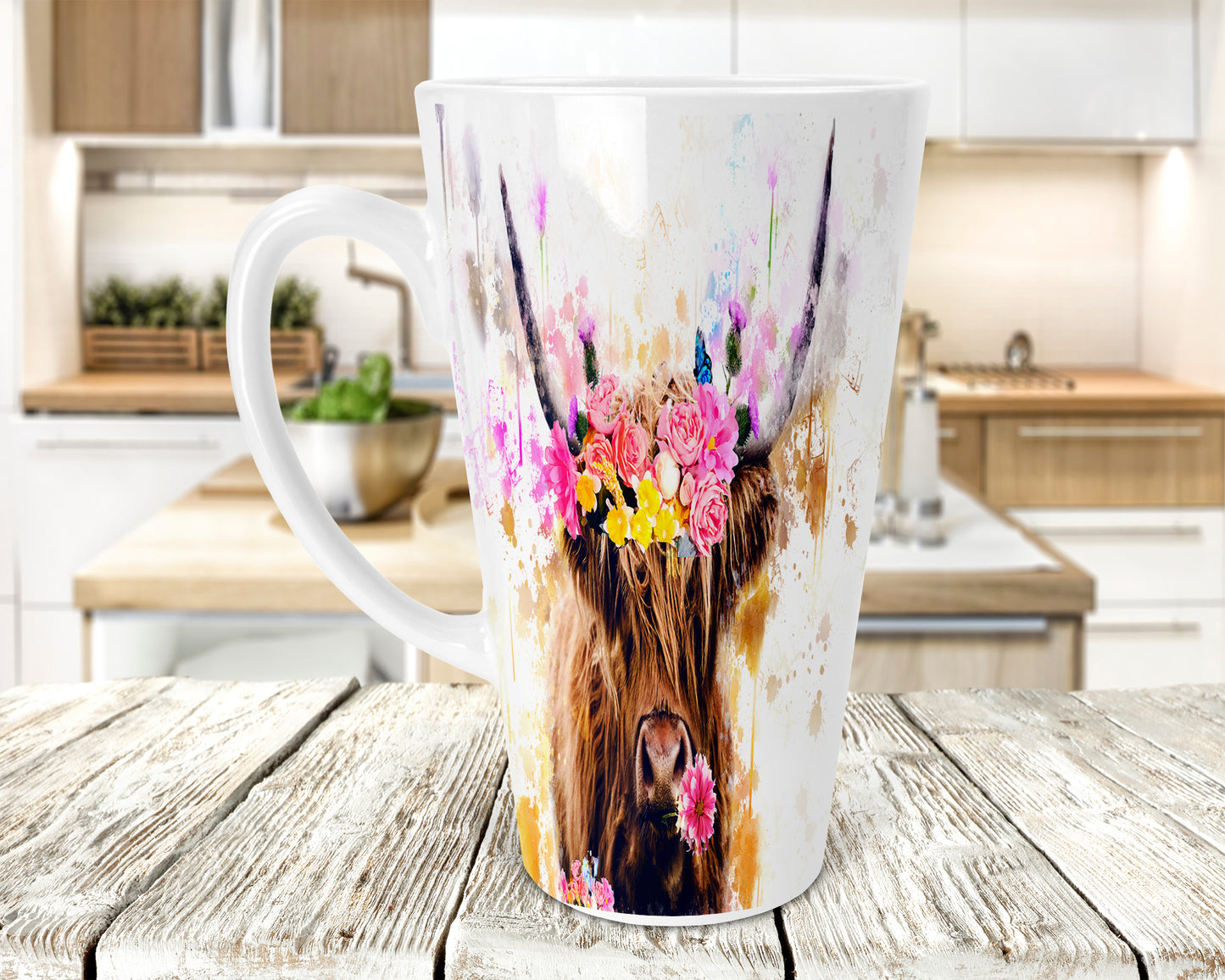 Highland Cow & Flowers 17oz Skinny Latte Coffee Mug, Highland Cow Latte Mug, Scottish Latte Mug, Highland Cows, Scottish Gift, Made In Scotland