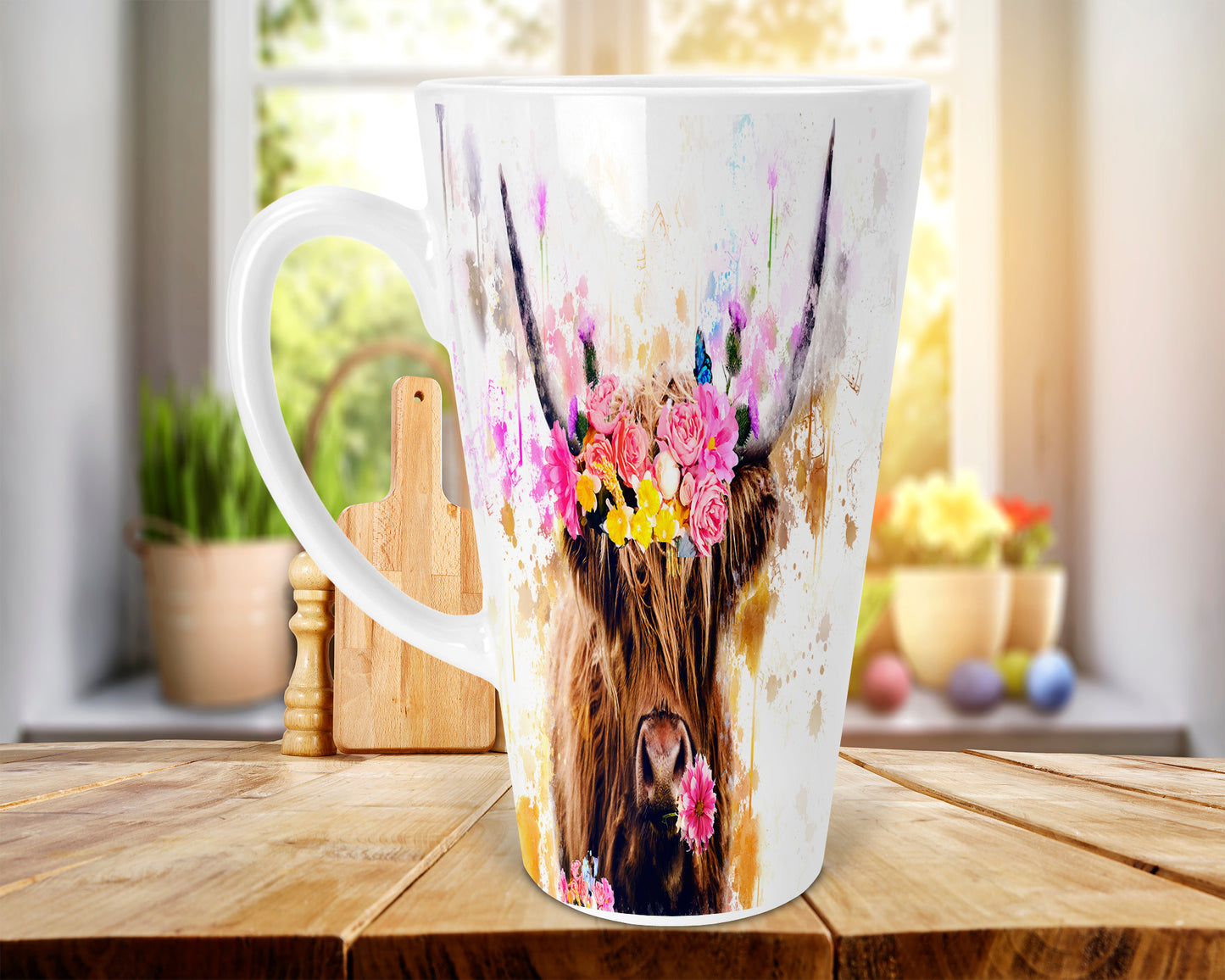 Highland Cow & Flowers 17oz Skinny Latte Coffee Mug, Highland Cow Latte Mug, Scottish Latte Mug, Highland Cows, Scottish Gift, Made In Scotland