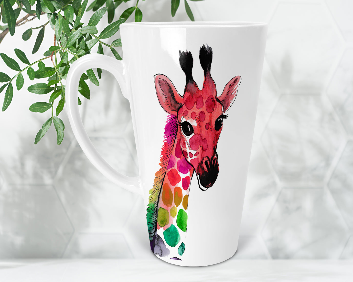 Brightly Coloured Giraffe Watercolour Ceramic 17oz Skinny  Latte Mug, Giraffe Latte Mug, Giraffe Lovers Mug, Giraffe Lovers Gift, Latte Cup