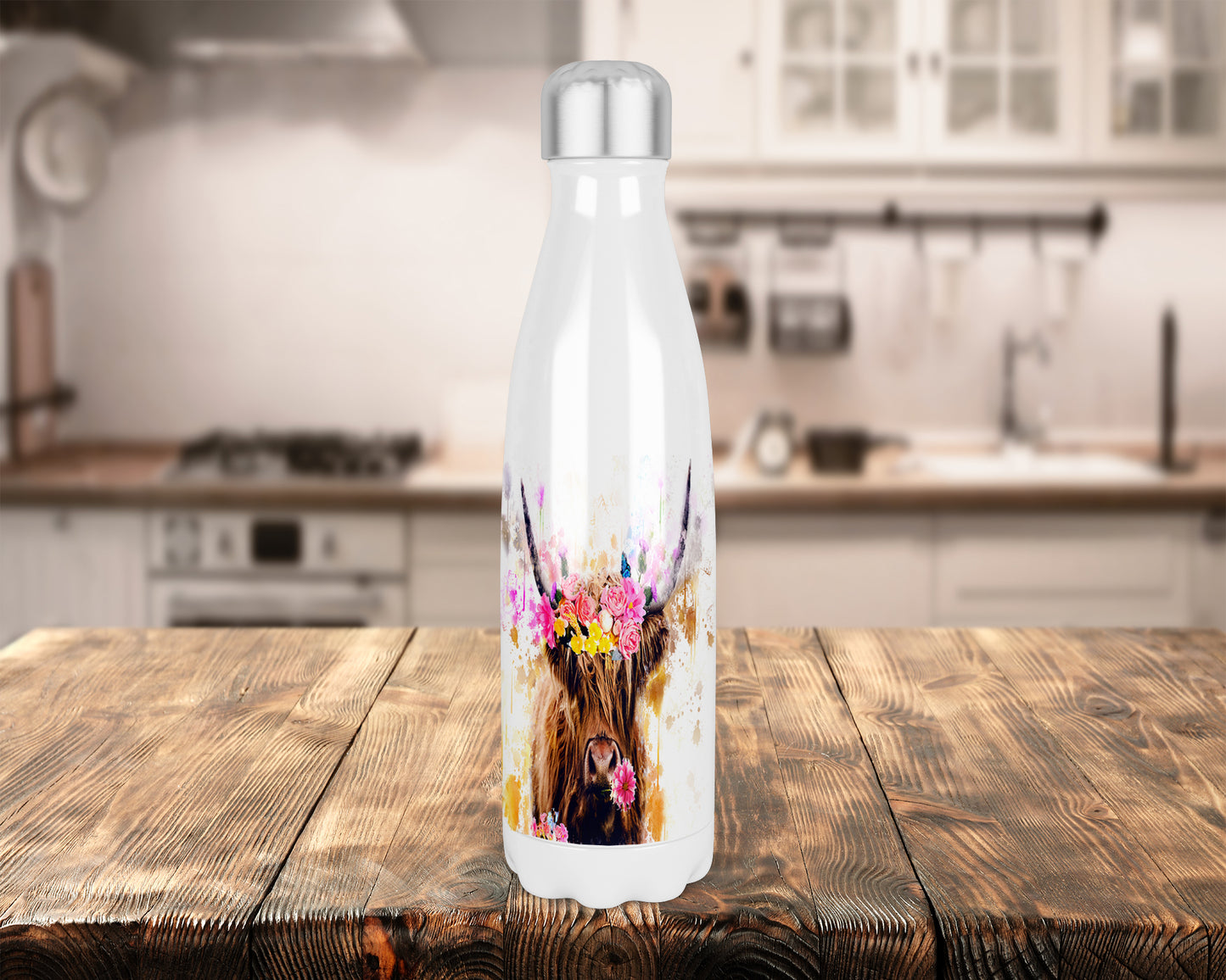 Highland Cow and Flowers Thermal Insulated 500ml Bowling Pin Shape Drinks Bottle, Made In Scotland, Highland Cow Gift, Highland Cow Lovers, Scottish Gift