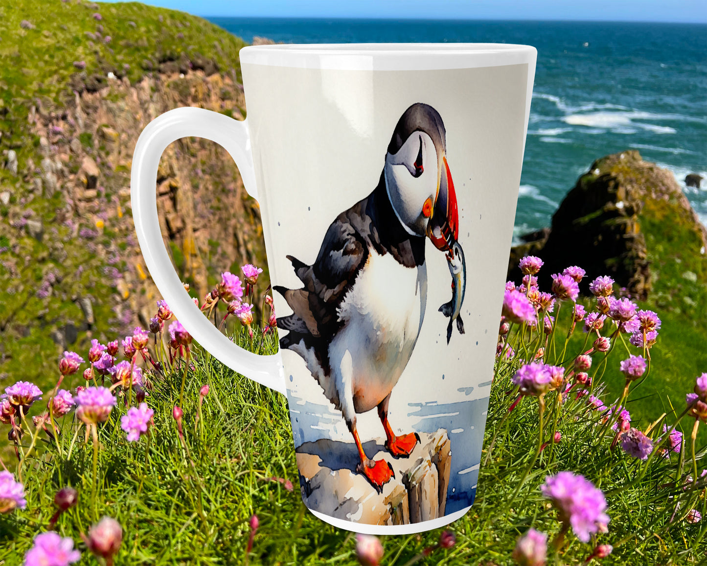 Colourful Puffin 17oz Ceramic  Skinny Latte Mug, Puffin  Gift, Puffin Latte Mug, Puffin Lovers Gift, Latte Mug