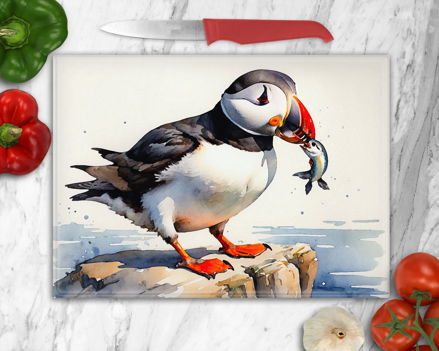 Colourful Puffin Glass Chopping Board, Worktop Saver, Made In Scotland