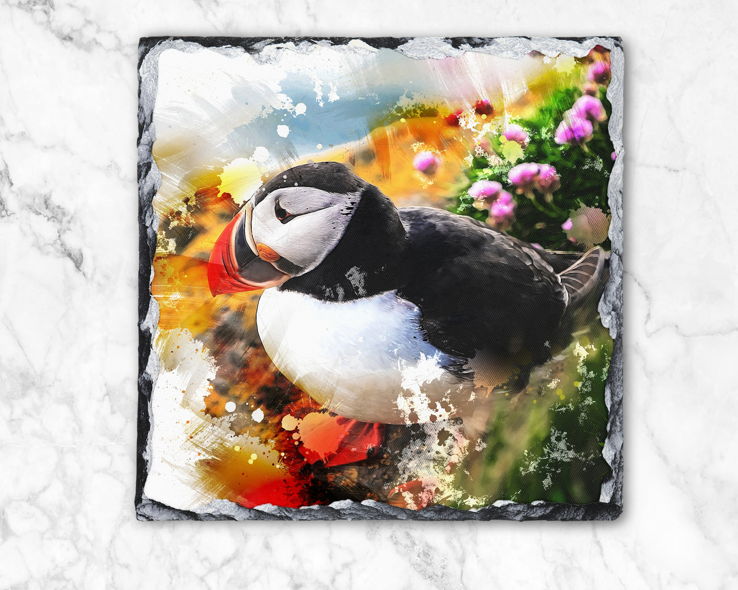 Colourful Puffins Decorative Rock Slate, Photo Slate, Pan Stand, Trivet, Made In Scotland