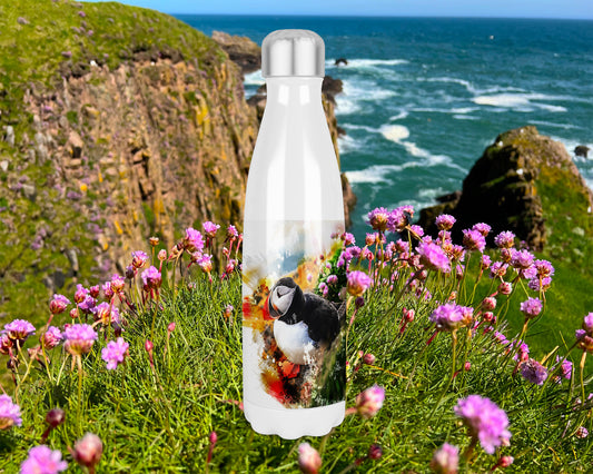 Colourful Puffin Thermal Insulated 500ml Bowling Pin Shape Drinks Bottle, Made In Scotland, Puffin  Gift, Puffin Lovers, Scottish Gift