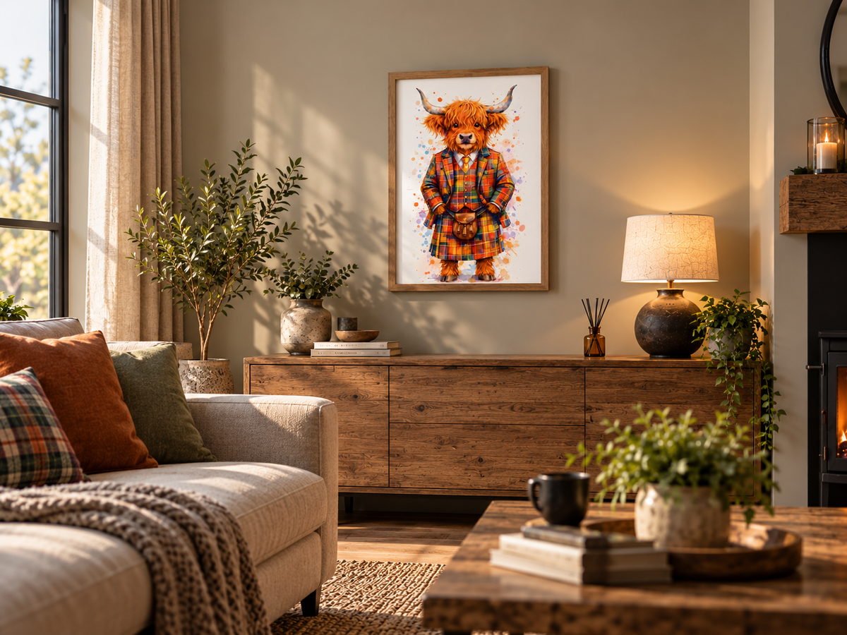 Ralph the Highland Cow in a Tartan Jacket Art print