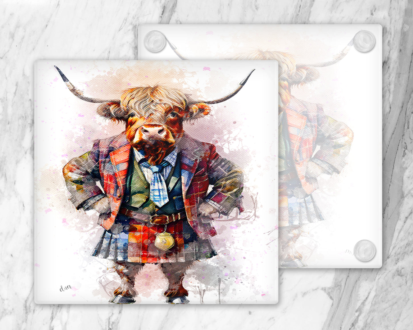 Tartan Patchwork Jacket Highland Cow Glass Coasters