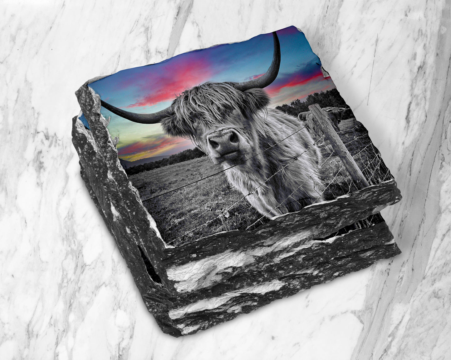 Dramatic Red Sky Highland Cow Slate Coaster