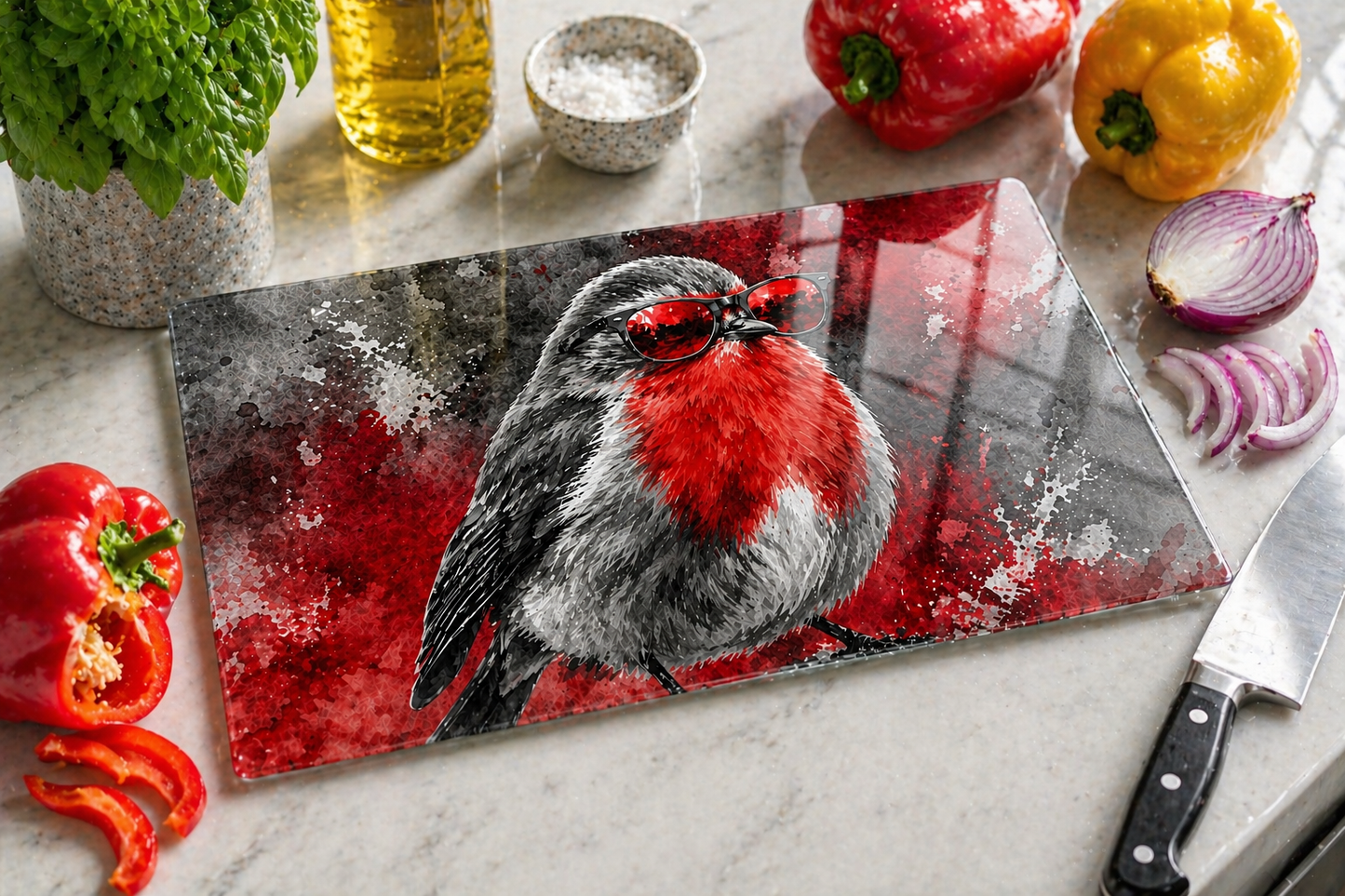 Glass Chopping Board | Scottish Robin Kitchen Art | Shades of Scotland | Eiledon