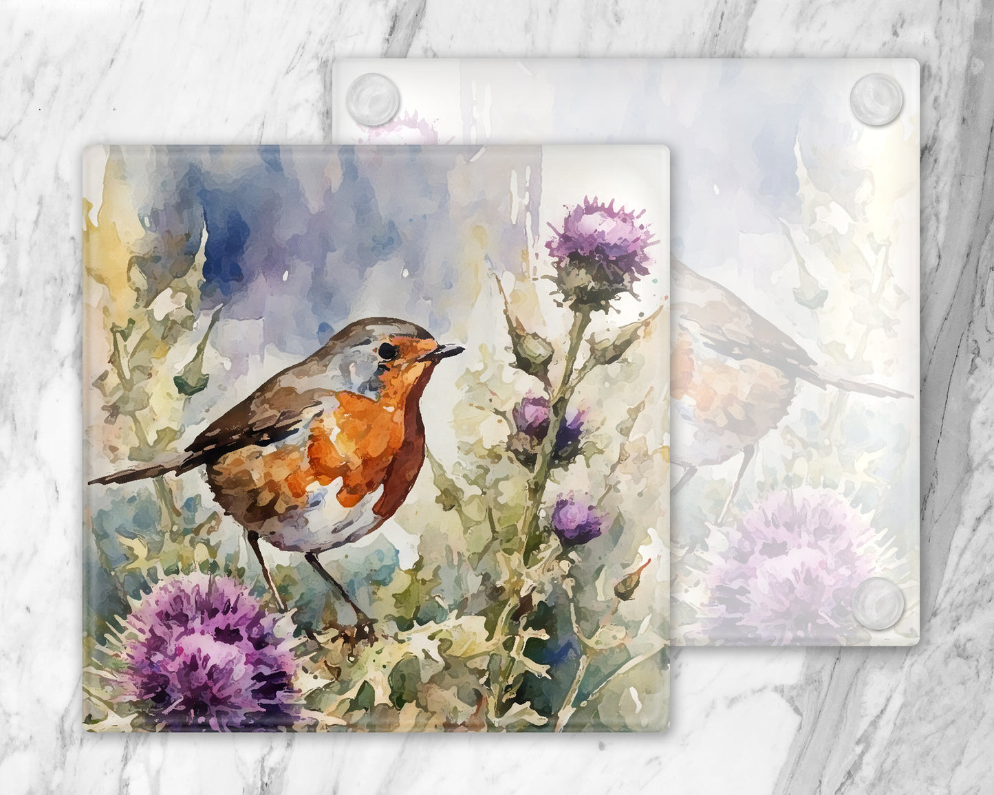 Robin and Thistles Glass Coaster