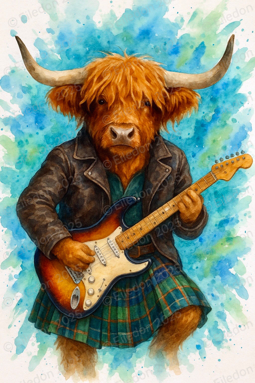 “Highland Rocker Poster – Cool Cow in Kilt with Guitar | Watercolor Wall Art Print”