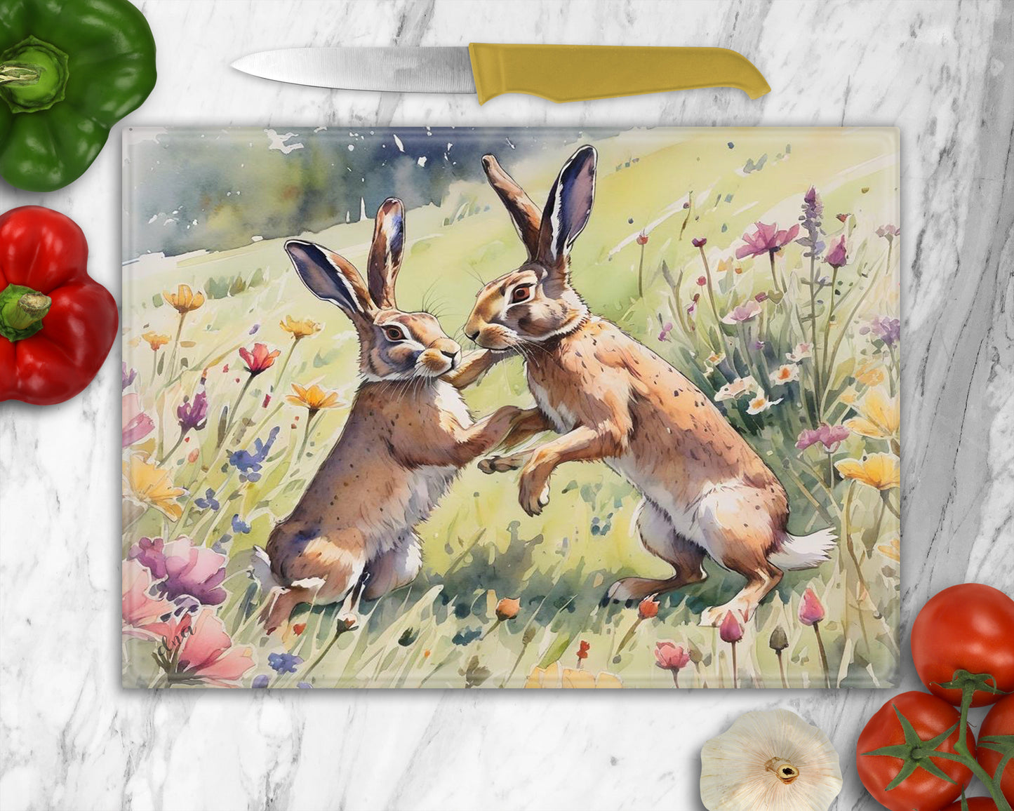 Wild Flowers Fighting Hares Glass Chopping Board, Worktop Saver, Made In Scotland