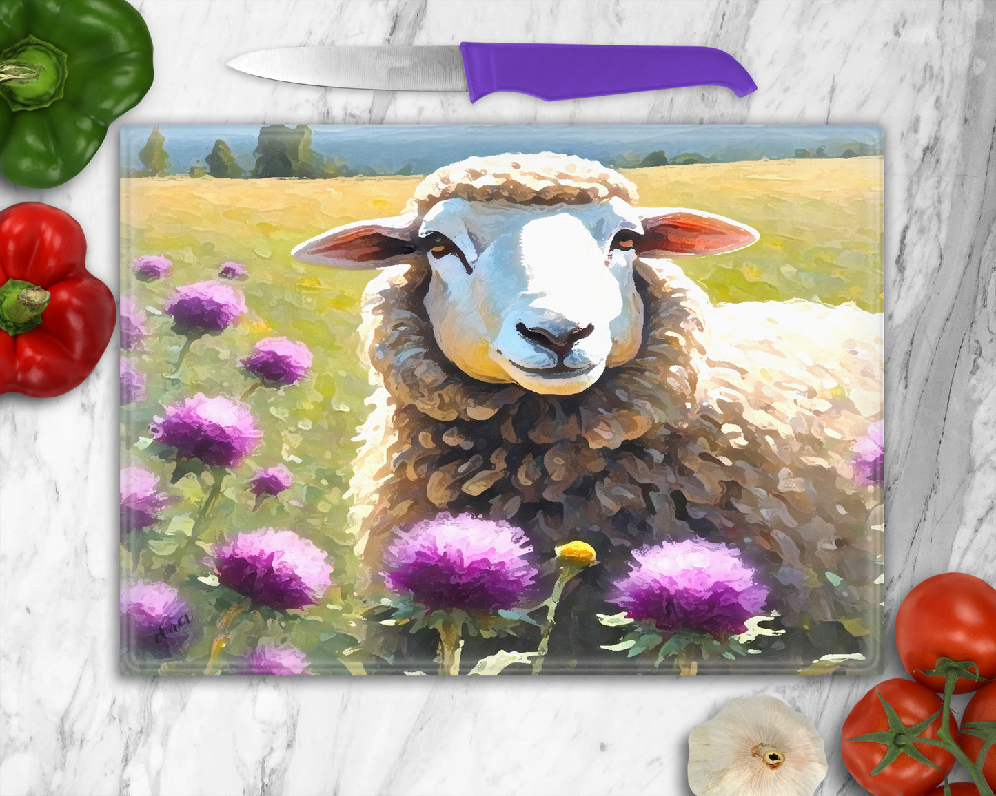 Sheep and Thistles Glass Chopping Board, Worktop Saver, Pan Stand , Trivet