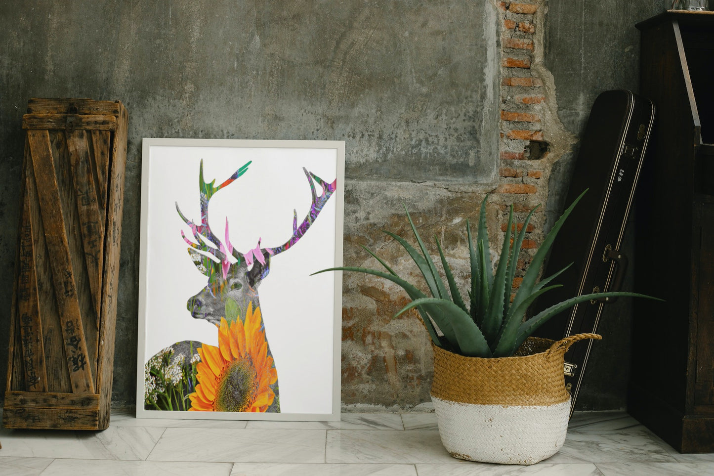 Stag Sunflower Silhouette A3 Wall Art print