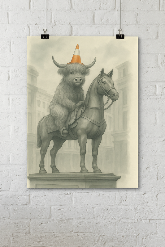 Duke of Moo-Llington Wall Art Print-Funny Highland Cow Statue Poster with Traffic Cone