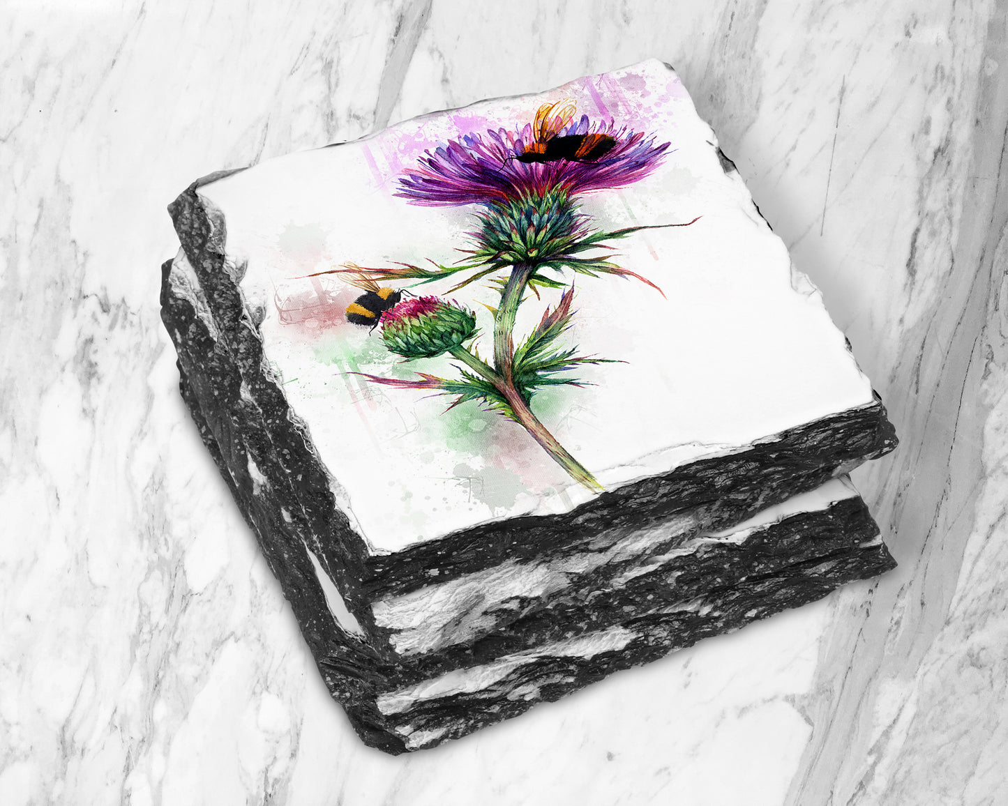 Thistle and Bees  Slate Coaster