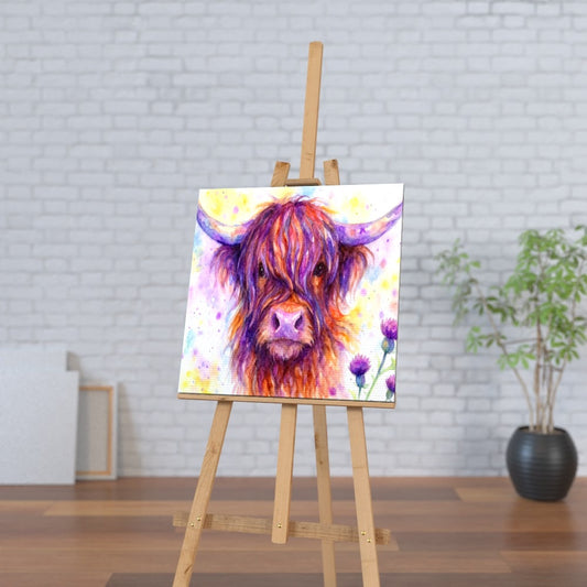 Highland Cow with Thistles – Vibrant Watercolor Wall Canvas