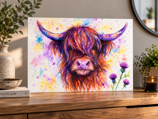 Highland Cow & Thistles Watercolor Wall Art Print – Vibrant Scottish Farmhouse Décor
