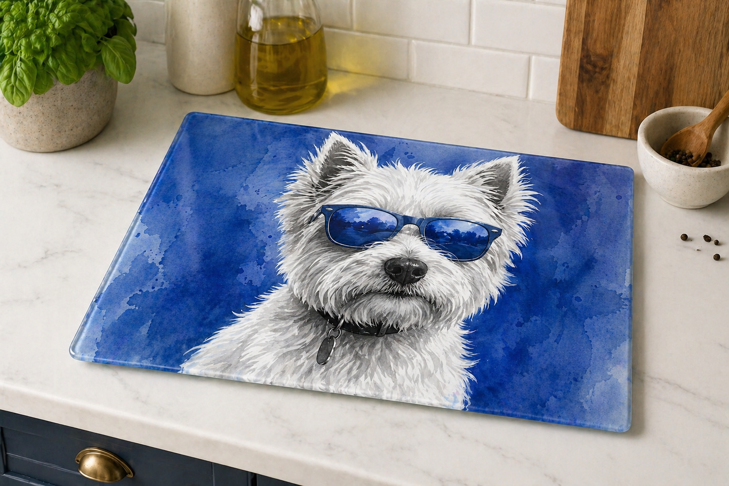 Glass Chopping Board | Westie Dog Kitchen Art | Shades of Scotland | Eiledon