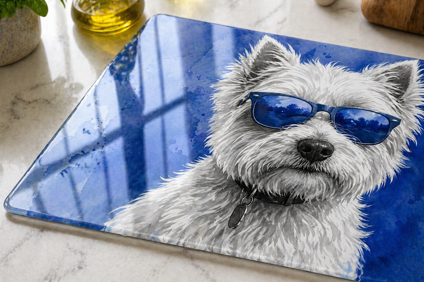 Glass Chopping Board | Westie Dog Kitchen Art | Shades of Scotland | Eiledon