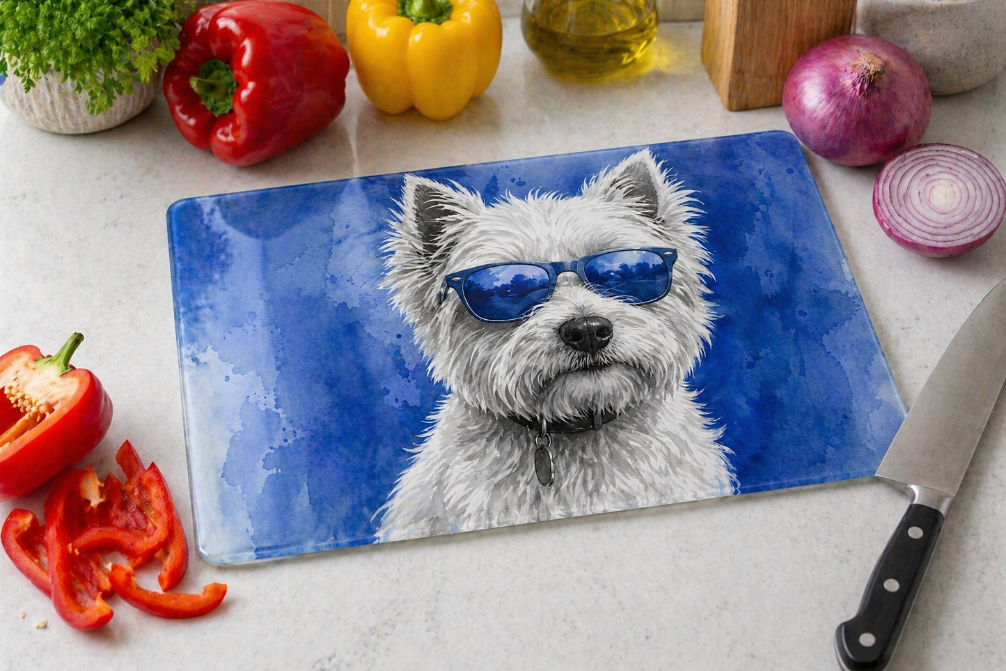 Glass Chopping Board | Westie Dog Kitchen Art | Shades of Scotland | Eiledon