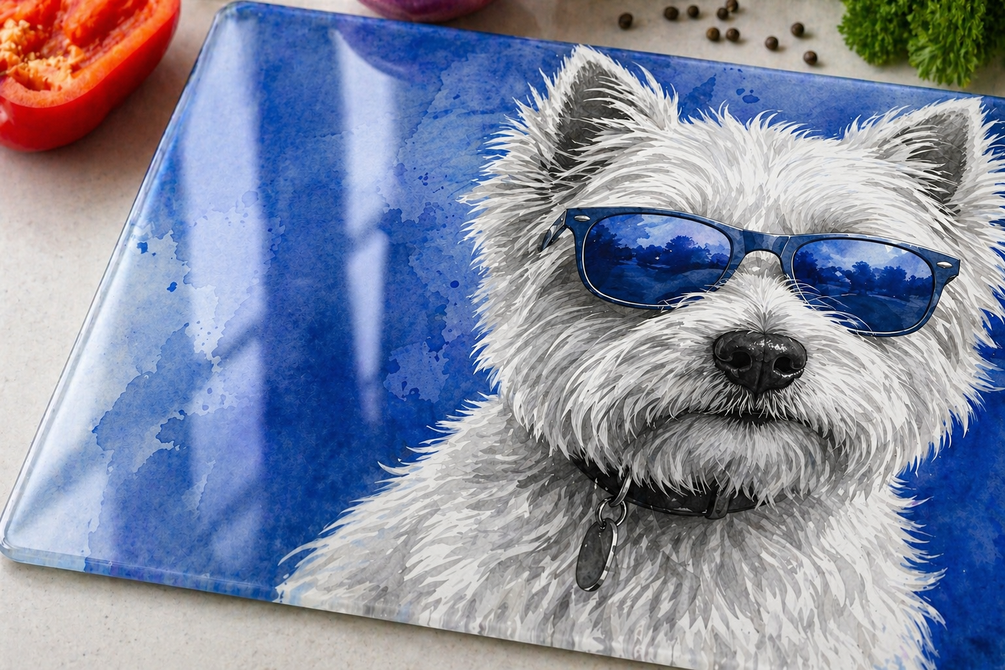 Glass Chopping Board | Westie Dog Kitchen Art | Shades of Scotland | Eiledon