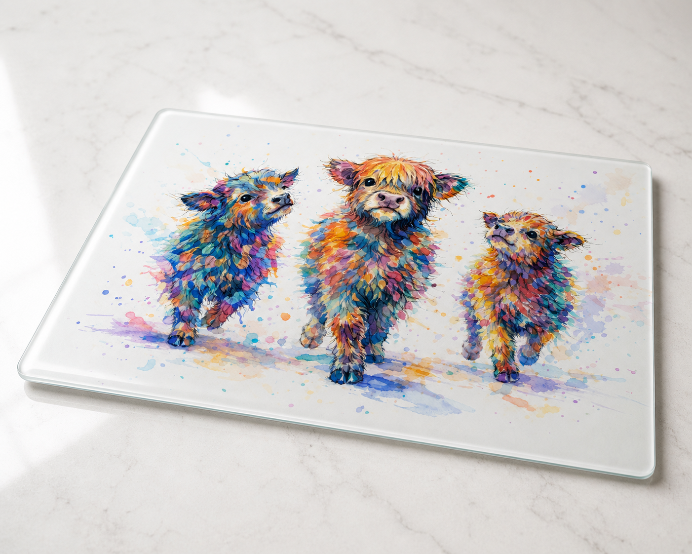 Wild in Colour – The Colourful Herd Glass Chopping Board | Highland Cow Kitchen Board 39 x 28.5cm