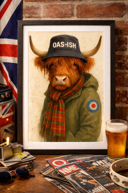 Oas-ish Highland Cow Watercolour Art Print – Oasis Music Inspired Mod Style-Limited Edition
