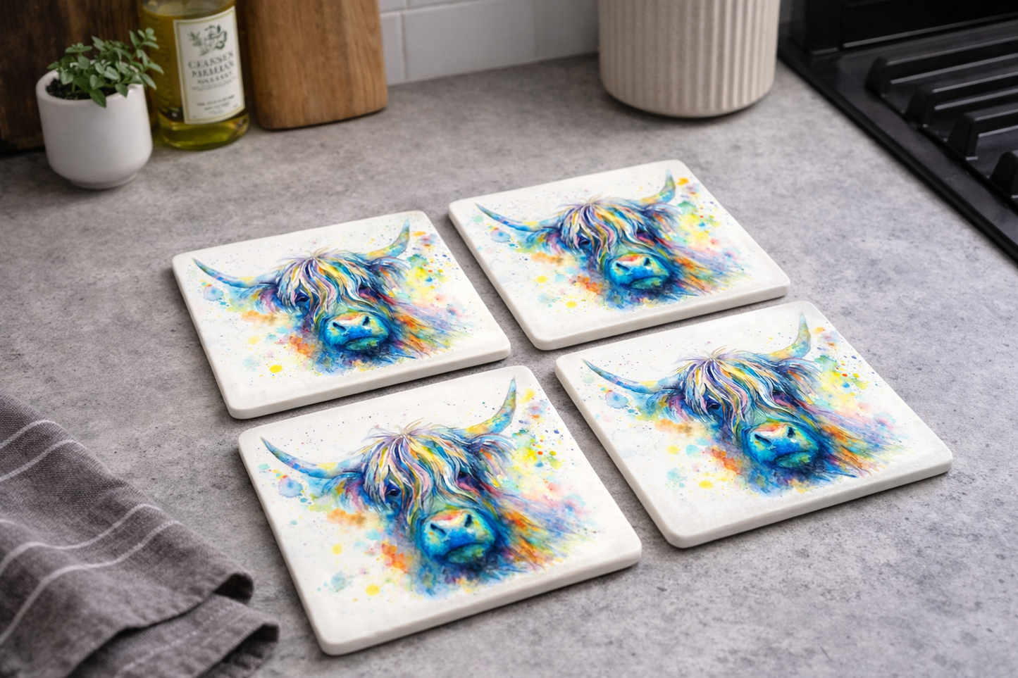 Colour Splash Highland Cow Ceramic Coasters – Set of 4