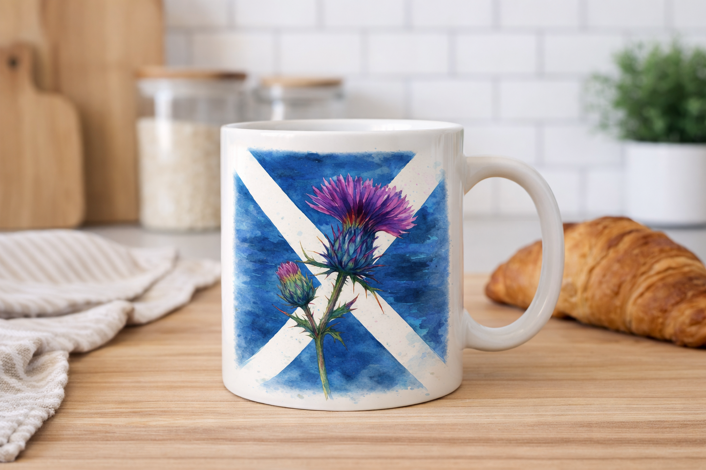 Saltire & Thistle Mug – Scottish Flag Watercolour | 11oz Ceramic Mug