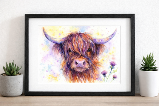 Highland Cow & Thistles Watercolor Wall Art Print – Vibrant Scottish Farmhouse Décor