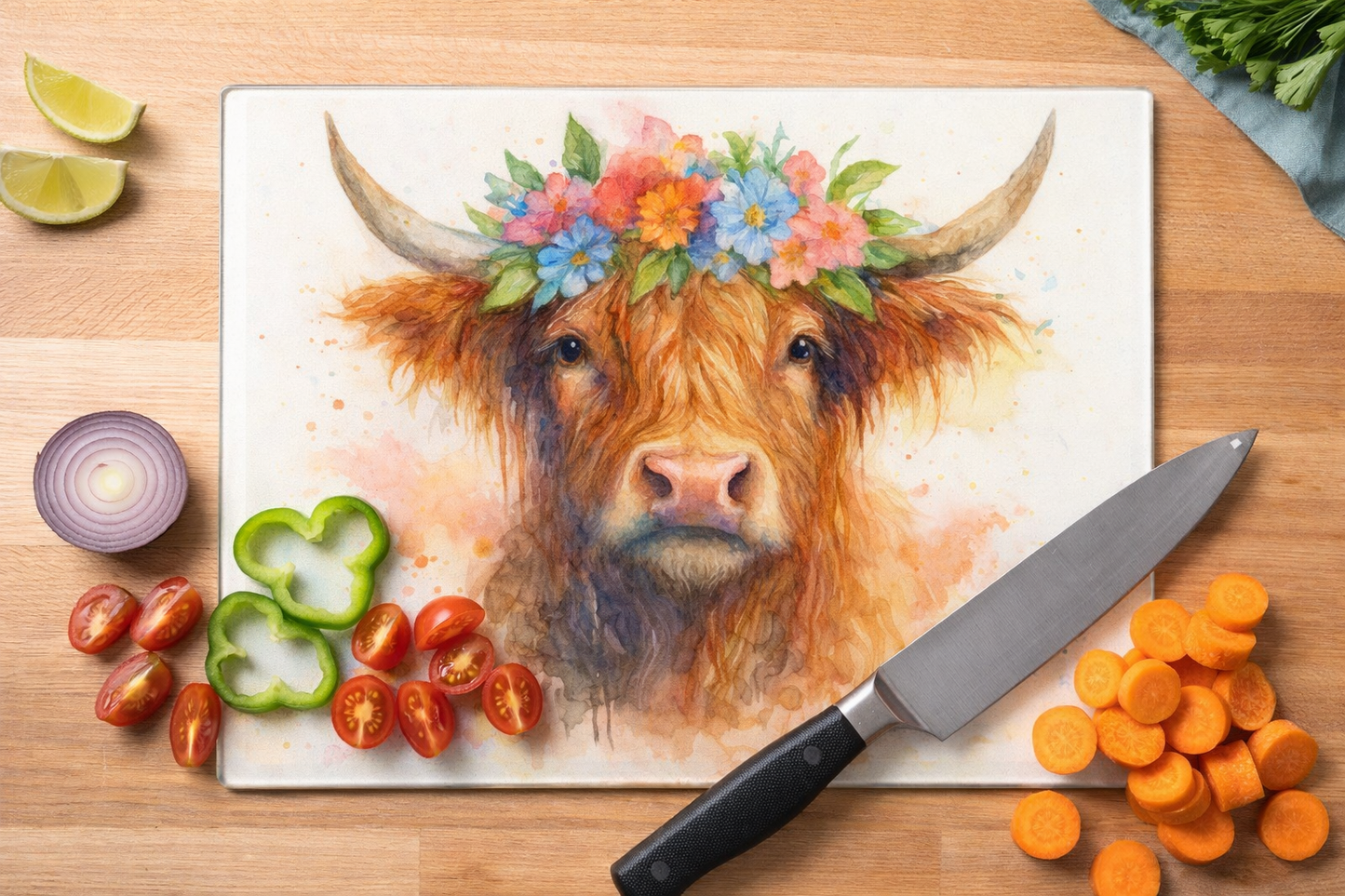 Highland Cow Floral Glass Chopping Board – Scottish Watercolour Design