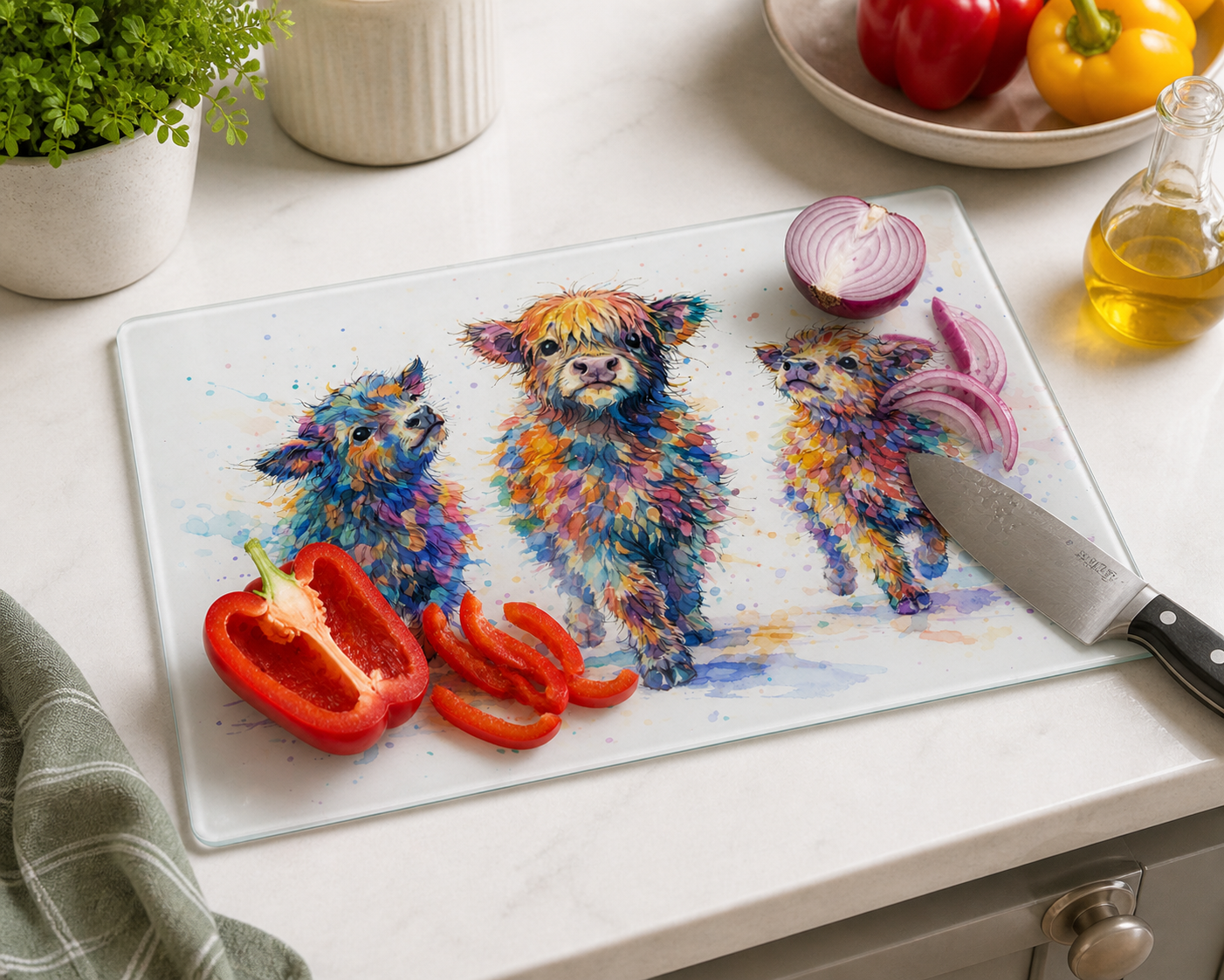 Wild in Colour – The Colourful Herd Glass Chopping Board | Highland Cow Kitchen Board 39 x 28.5cm