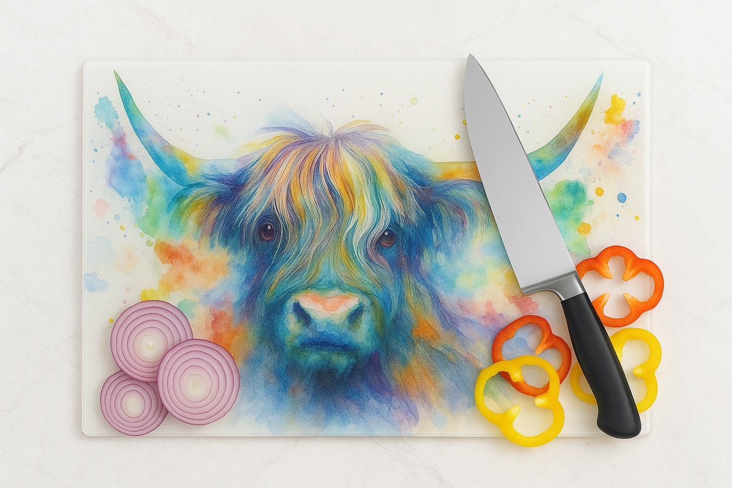 Highland Cow Glass Chopping Board, Worktop Saver, Colourful Coo's, Scotland, Scottish Gift, Highland Cow Gift
