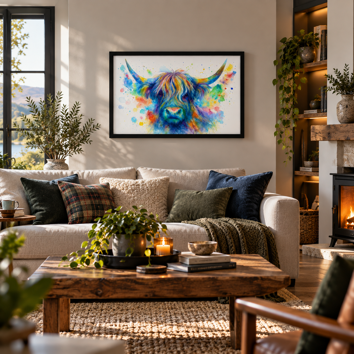 Rainbow Splash Highland Cow – Vibrant Watercolour Wall Art Print