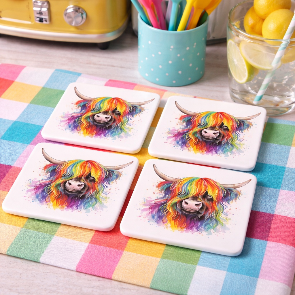 From Norma with Colour – Highland Cow Ceramic Coaster Set (Set of 4)