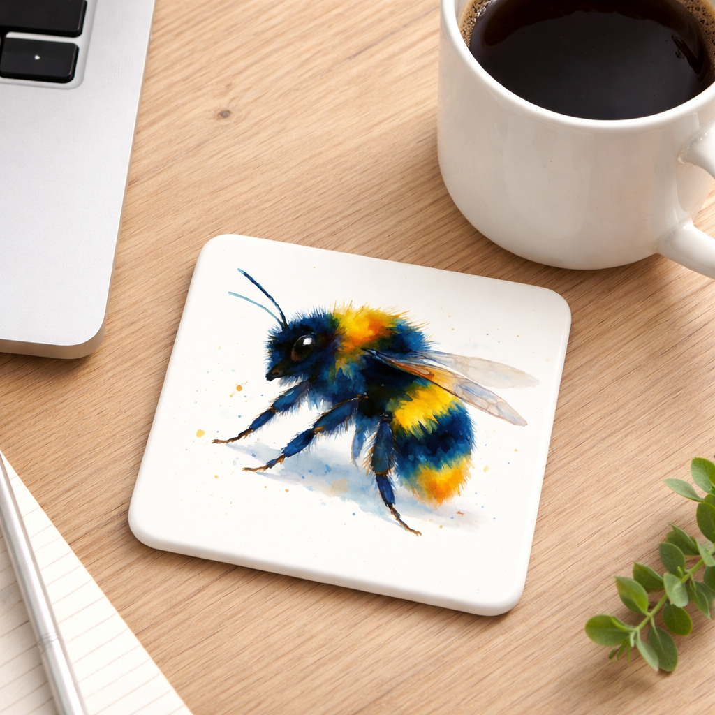 Set of 4 Bumblebee Ceramic Coasters – Scottish Watercolour Bee Art | Designed in Scotland by Eiledon